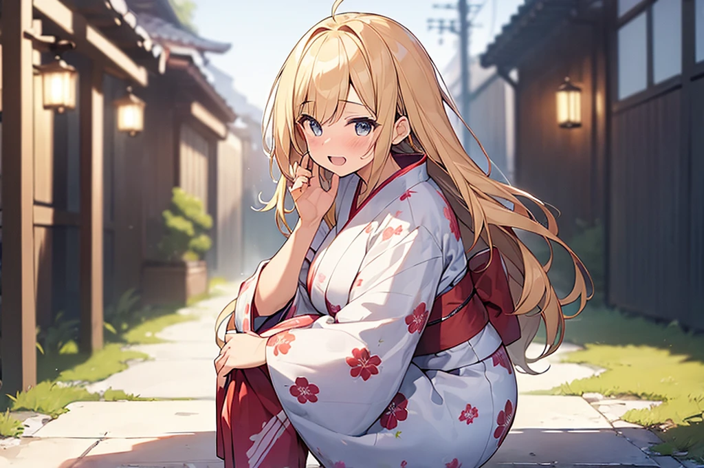 (Masterpiece, Top quality:1.5), 1 beautiful girl, solo, squatting down, from side, Blonde, medium Hair, wavy Hair, asymmetry bangs, swept bangs, airy hair, large breasts:1.4, , standard weight, (yukata :1.3), smile:1.3, blush, beautiful scene of narrow Alley, blurry background, magnificent panorama view, blurry background, open mouth,