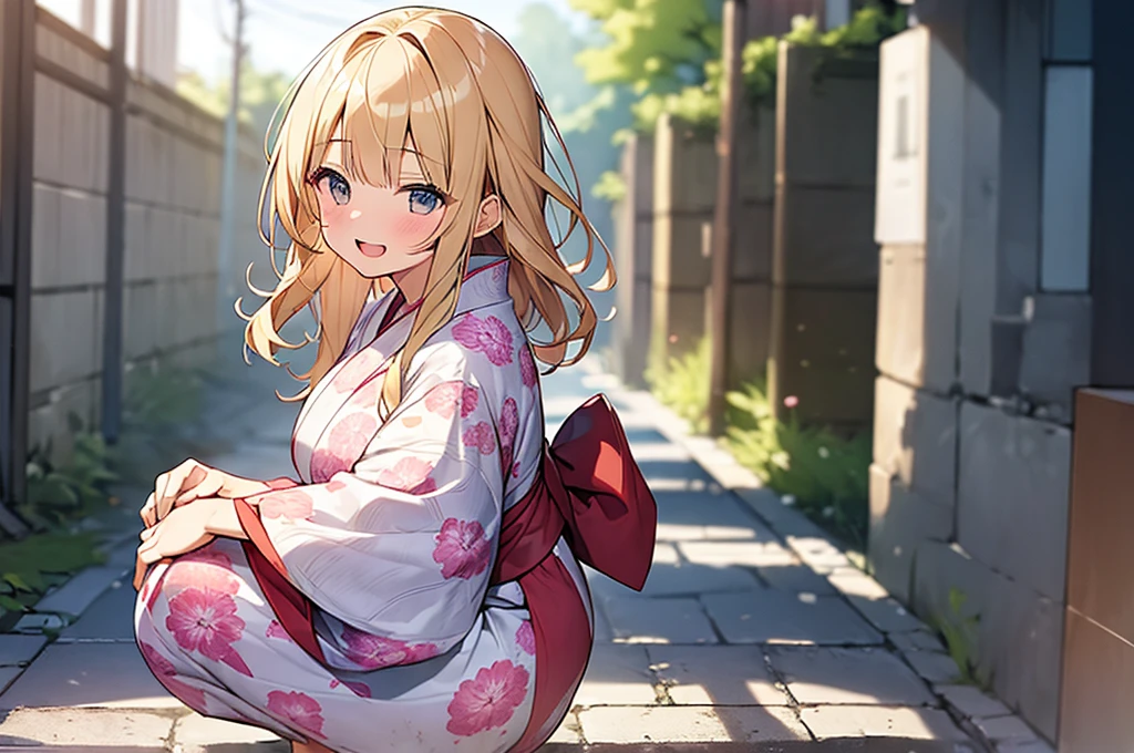 (Masterpiece, Top quality:1.5), 1 beautiful girl, solo, squatting down, from side, Blonde, medium Hair, wavy Hair, asymmetry bangs, swept bangs, airy hair, large breasts:1.4, 16 year old, standard weight, (yukata :1.3), smile:1.3, blush, beautiful scene of narrow Alley, blurry background, magnificent panorama view, blurry background, open mouth,