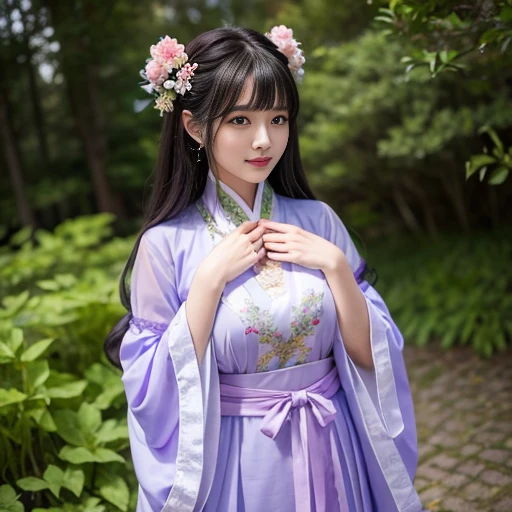 best quality, Delicate face,beautiful visual work, lifelike, eternity, black hair, Long curly hair, blunt bangs, Smile, Detailed Background, Delicate face,blush,cold,((masterpiece))、(top quality)、8k、high detail、Super detailed,31-year-old female,身穿唐制Hanfu、waist skirt, Clothes are light and fluffy,Hanfu, wide sleeves, Transparent sleeves, Long sleeve, Tunic, Clothes made of chiffon, masterpiece、born、Scenes resembling fairy tale illustrations、intricate details和複雜的設計、Beautifully、magic、capricious、 Beautifully、Dream aesthetics、「𝓡𝓸𝓶𝓪𝓷𝓽𝓲𝓬、ethereal、charming、fickle、magic」、realism、Visual effects、FXAA、SSAO、Shader、voiceless、ambient lighting、Tone mapping、High resolution、Ultra high quality、Million pixels、(8K resolution:1.10)、8k、8k以下、8K resolution、high detail、intricate details, (high quality:1.2、masterpiece:1.2、:1.21)、(31-year-old female:1.21)、(興奮地Smile)、(被dream般的氛圍所包圍、Model diagram,full-body shot,Normal 2 feet,Put your hands behind you,The protrusion of the breast is visible when wearing clothes, Large Breasts, H cup chest, antiquity, Xian Xia, gauze clothes, Soft and fluttering, Fairy, dream, fantasy, light, Elegant, nature, Immortal, romantic, classical, ribbon, light purple clothes,Behind the Forest