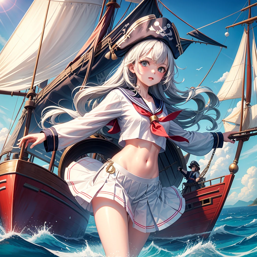 One Girl, pirate, Highest quality、Cinema Lighting、Sailor suit、Long skirt、 sailboat（Galleon）On the mast、White panties,
