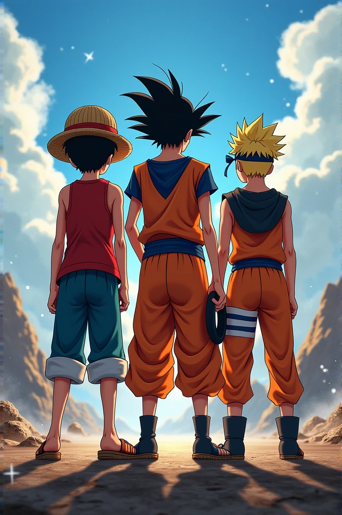 Create a photo in which monkey d Luffy, Goku and Naruto are standing in a pose from back side