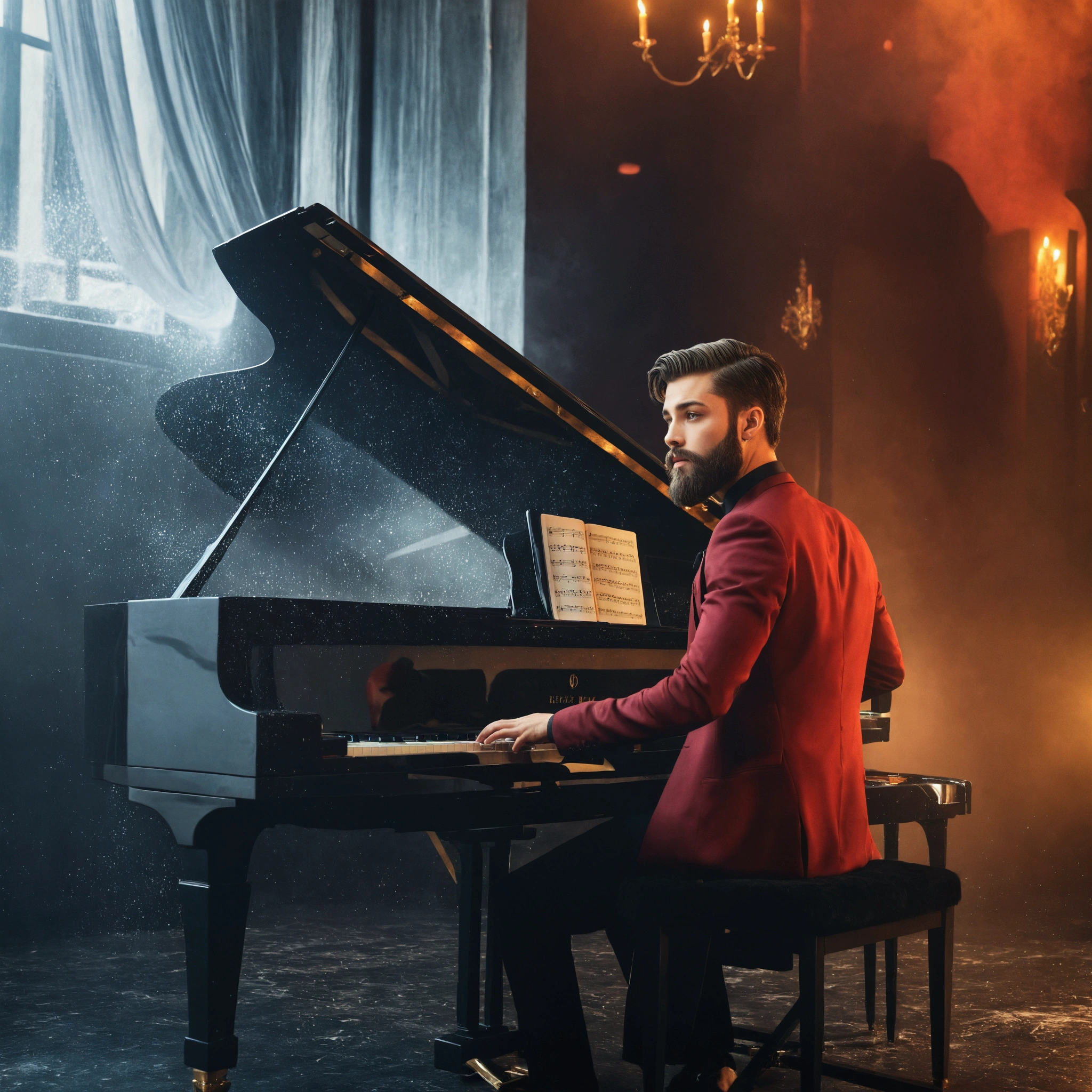 Handsome, beard boy. playing piano wearing black dress