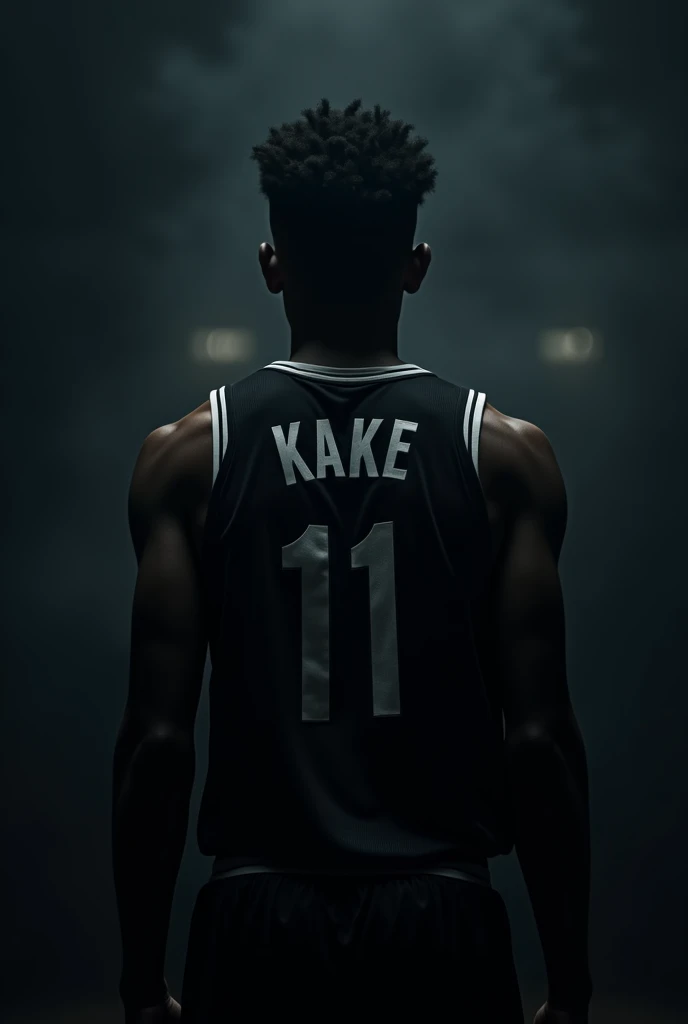 Photo dark d'un jeune basketeur marron de qui fait dos au caméra numéro 11 et dont c'est écrit KAKE sur son maillot