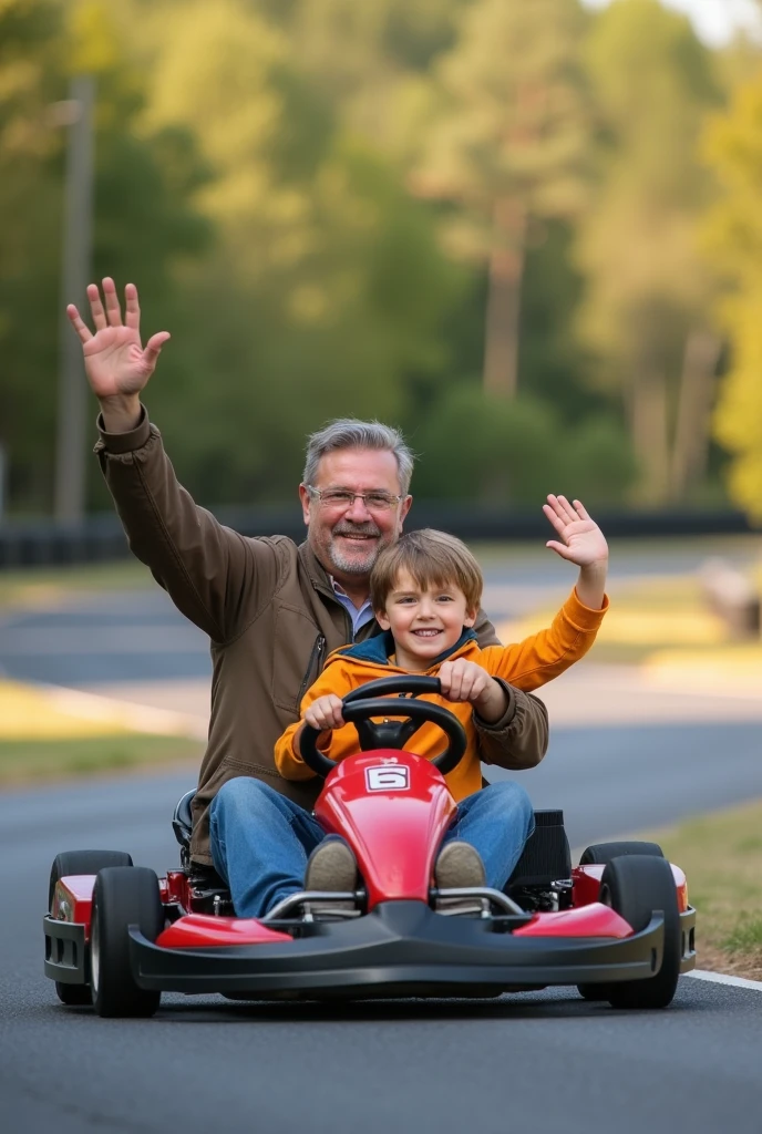 father and son on a go-kart track, waving goodbye
