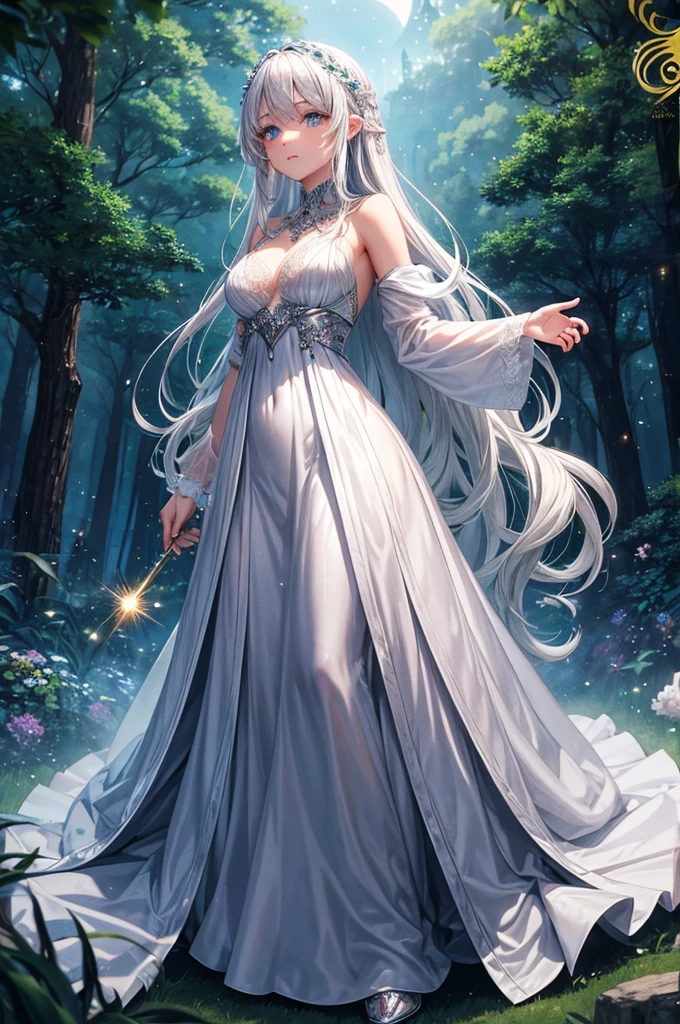 Picture a girl with flowing silver hair, dressed in a gown made of moonlight, standing in a lush, enchanted forest. Her eyes sparkle like stars as she interacts with mystical creatures.