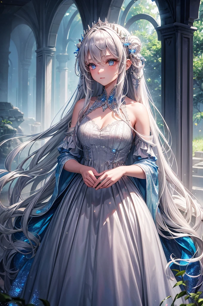 Picture a girl with flowing silver hair, dressed in a gown made of moonlight, standing in a lush, enchanted forest. Her eyes sparkle like stars as she interacts with mystical creatures.