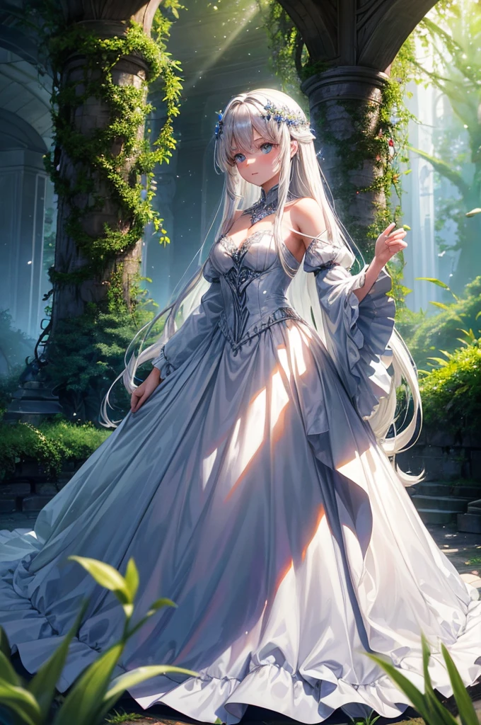 Picture a girl with flowing silver hair, dressed in a gown made of moonlight, standing in a lush, enchanted forest. Her eyes sparkle like stars as she interacts with mystical creatures.