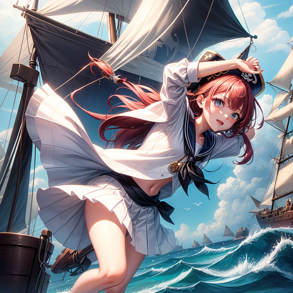 One Girl(8age), pirate, Highest quality、Cinema Lighting、Sailor suit、Long skirt、 sailboat(Galleon)On the mast、White panties,
