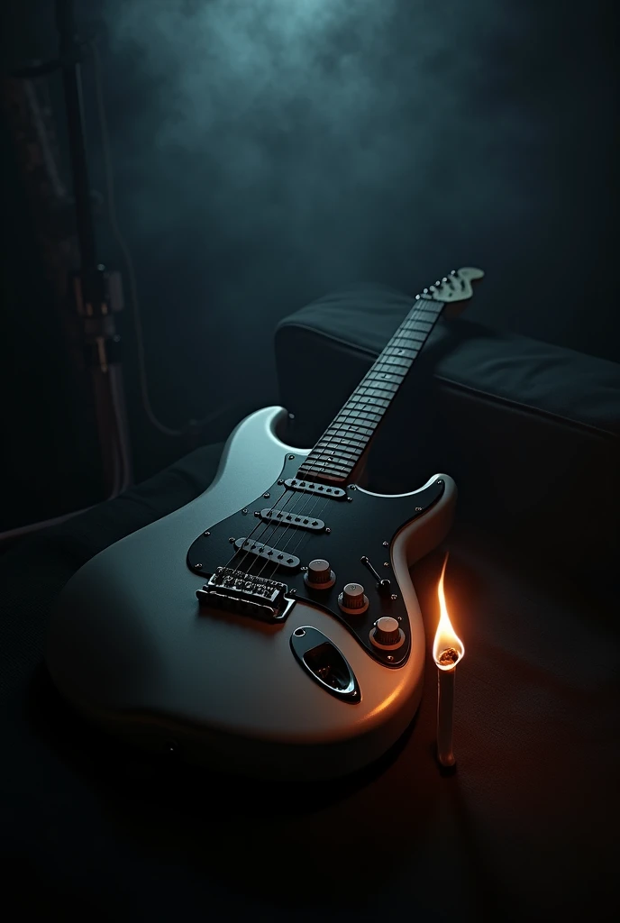 Guitar with a cigarette beside it