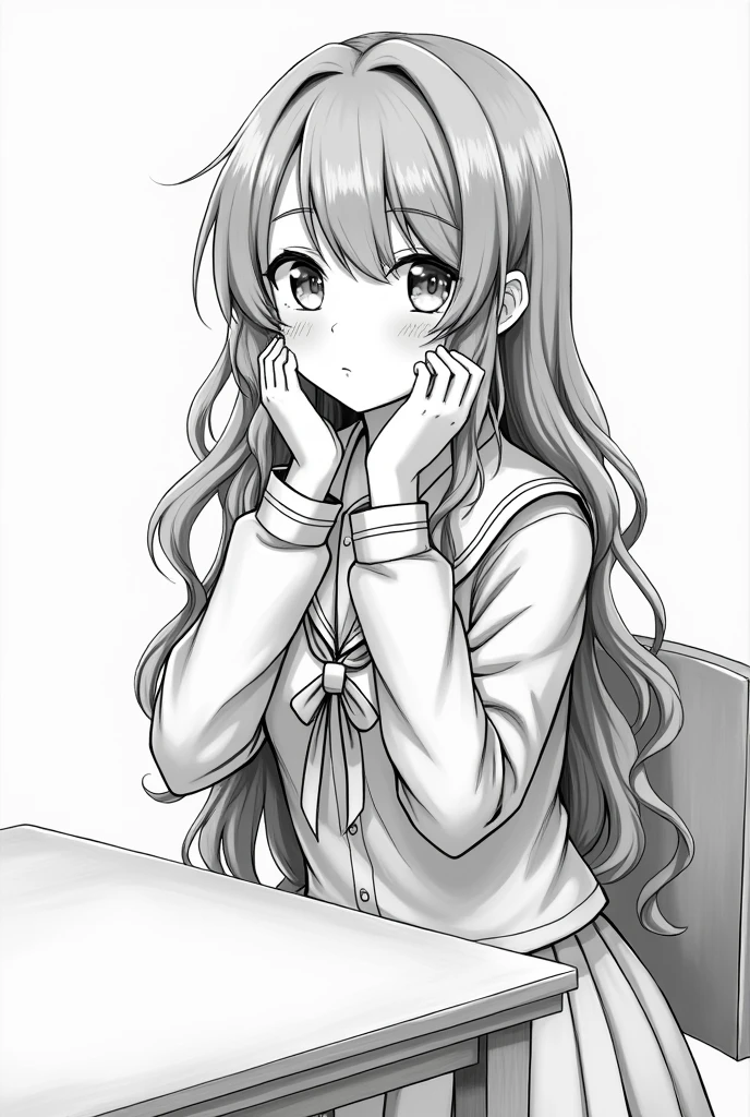 It’s a black and white picture like it is from a manga, there is a beautiful girl with wavy long hair a cute smile big eyes small nose doing something with her hands in her face wearing a school uniform, she is sitting on a chair with a table in front of her showing her pussy