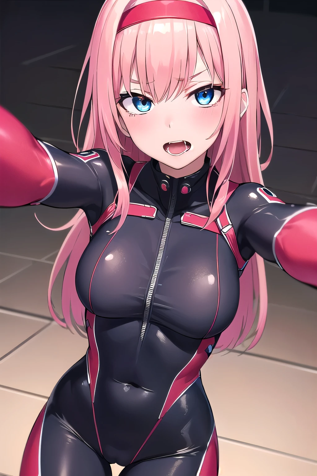 (masterpiece, best quality, ultra-detailed), blue eyes, pink hair, spiky hair, hair intakes, red headband, (red bodysuit:1.2), ( upper body to thighs), (ahegao), (rolling eyes), naughty face, blush, open mouth, tongue out, looking at viewer, selfie