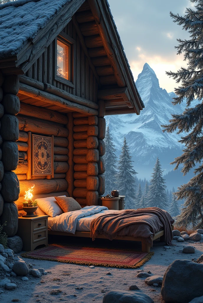 A bedroom inside wooden cabin at the foot of the snowy mountain