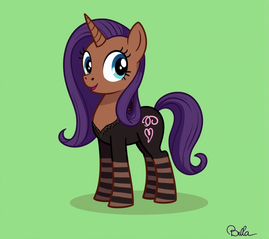 (My little pony), adult content, detailed face, black panties, purple hair, dark brown body, dark blue eyes, eyelids, eyeshadow, bow, (big breasts), seductive face, (high detailed), (thong), lace camisole top, striped stockings, (cleavage line), text "Bella", erotic, sexy view, sexy pony, ((pixar style)), big butt, showing butt
