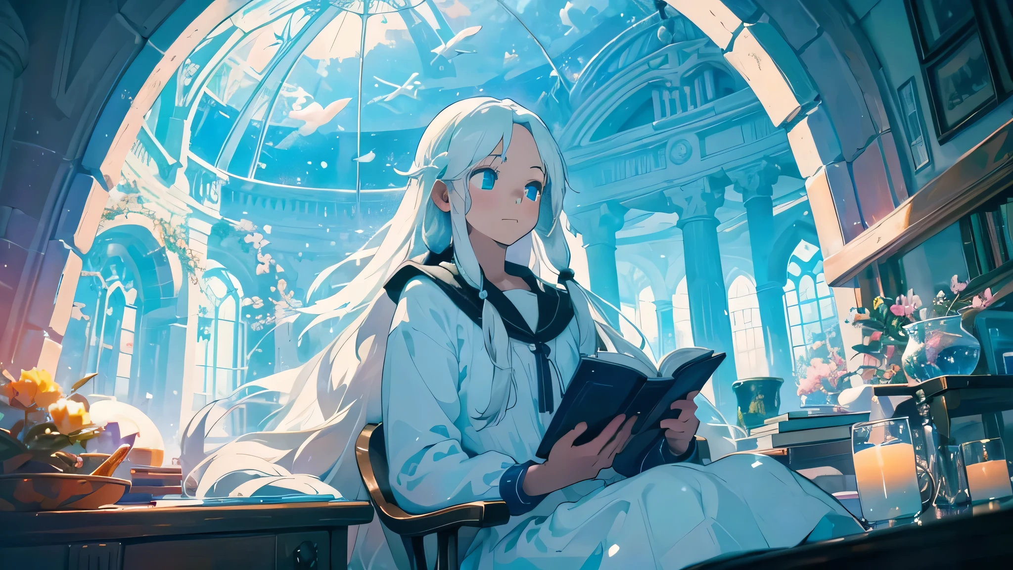 (The pieces fly), (Highest quality), Very detailed, 1 girl, Solo full body shot, Perfect Face, beautiful girl, Very detailed顔，(Long white hair:1.5)，(Blue eyes:1.4)，universe、Glass Dome、Large dome、indoor、Light、[beautiful detailed lighting][soft lighting][cinematic lighting][light particles][colorful refraction][light diffusion][light-filled room]、Fantasy、Rocking Chair、reading、View Book、Perfect Face