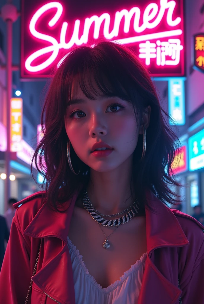Japanese idol poster、A fantastic night town with the neon letters "SUMMER" shining