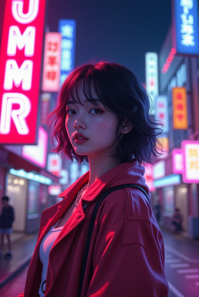 Japanese idol poster、A fantastic night town with the neon letters "SUMMER" shining