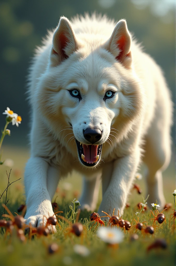 Ants attacking a white husky