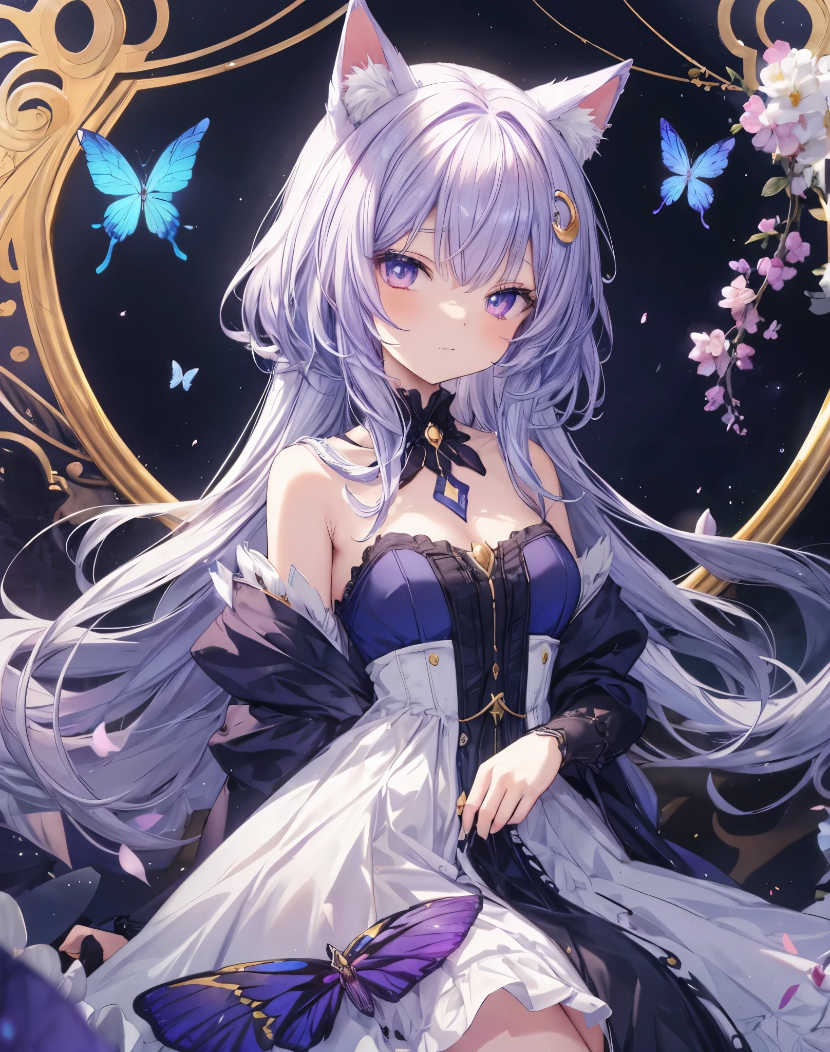 Anime-style of seraphina, the Dream Keeper. Macro eyes shot. Cat ears. She is a cat girl with neko ears, with ethereal blue hair with golden highlights, reminiscent of twilight. Her eyes are a deep, intense blue, like the morning sky. She wears a light, flowing lavender dress with golden star-like details. Her cat ears are purple with golden tips, and she has a crescent moon pendant around her neck. Seraphina is surrounded by rainbow glowing butterflies that follow her wherever she goes. The background is a dreamy, surreal scenery landscape with soft, pastel colors, evoking a sense of tranquility and magic. Bare shoulders. Butterfly wings.