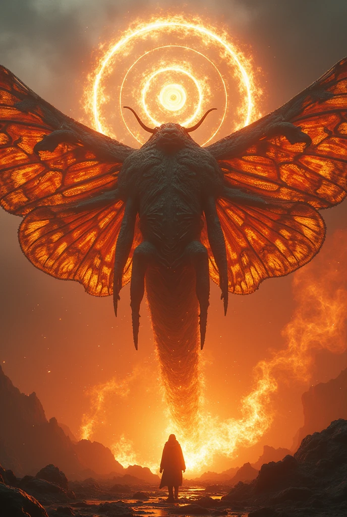A spotted apatelodes moth kaiju that is powered by the elememt of fire. It has cosmic rings circling above it and is surrounded by tornadoes of flame
