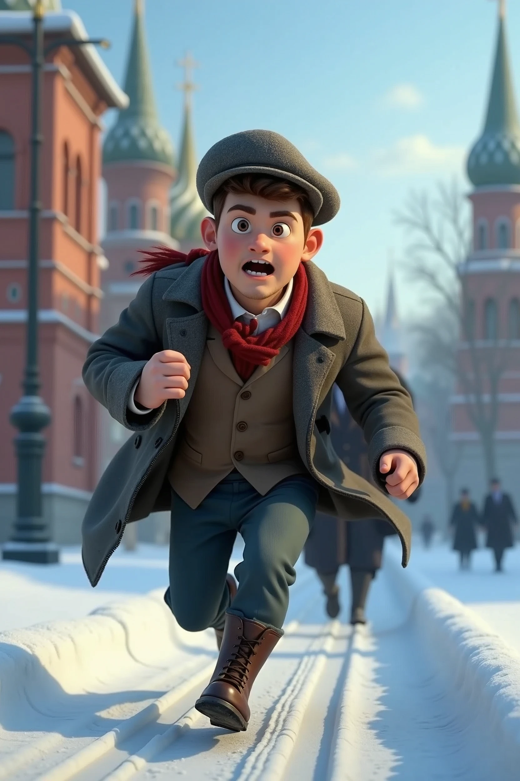 Pixar style, animation, 3d, journalist, 1900s, Russia, snow background, journey, camera, 30s age, adventure, running , movie poster, high quality, running face expression, vantage camera on his hand, full body shows. Disney, running from gangsters.