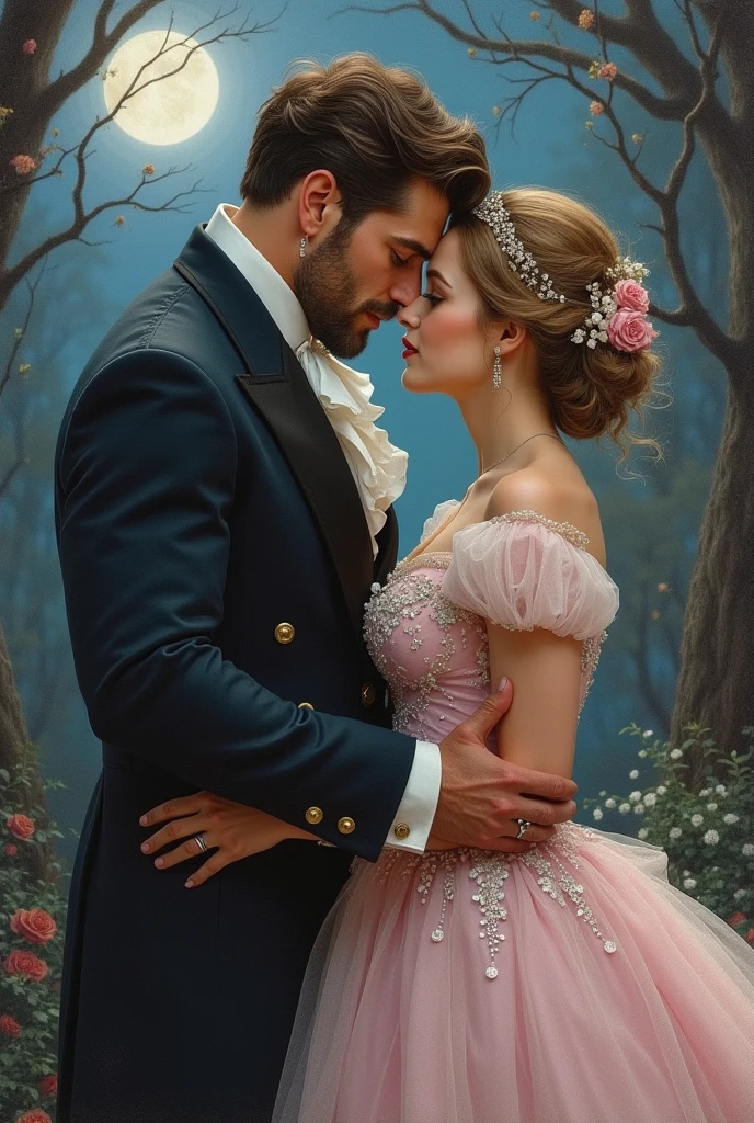 Realistic colored pencil drawing, a big strong dengerous man in victorian suit, beautiful girl in princess dress, dynamic poses, passion, inspire by disney art, moonley evening, fairy tale, realistic photo, magic spell, high detail, digital painting, fantasy art, inricate detailed, illustration but very realistic, magic realism