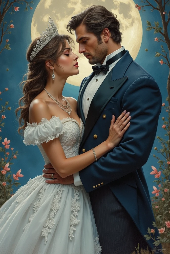 Realistic colored pencil drawing, a big strong dengerous man in victorian suit, beautiful girl in princess dress, dynamic poses, passion, inspire by disney art, moonley evening, fairy tale, realistic photo, magic spell, high detail, digital painting, fantasy art, inricate detailed, illustration but very realistic, magic realism