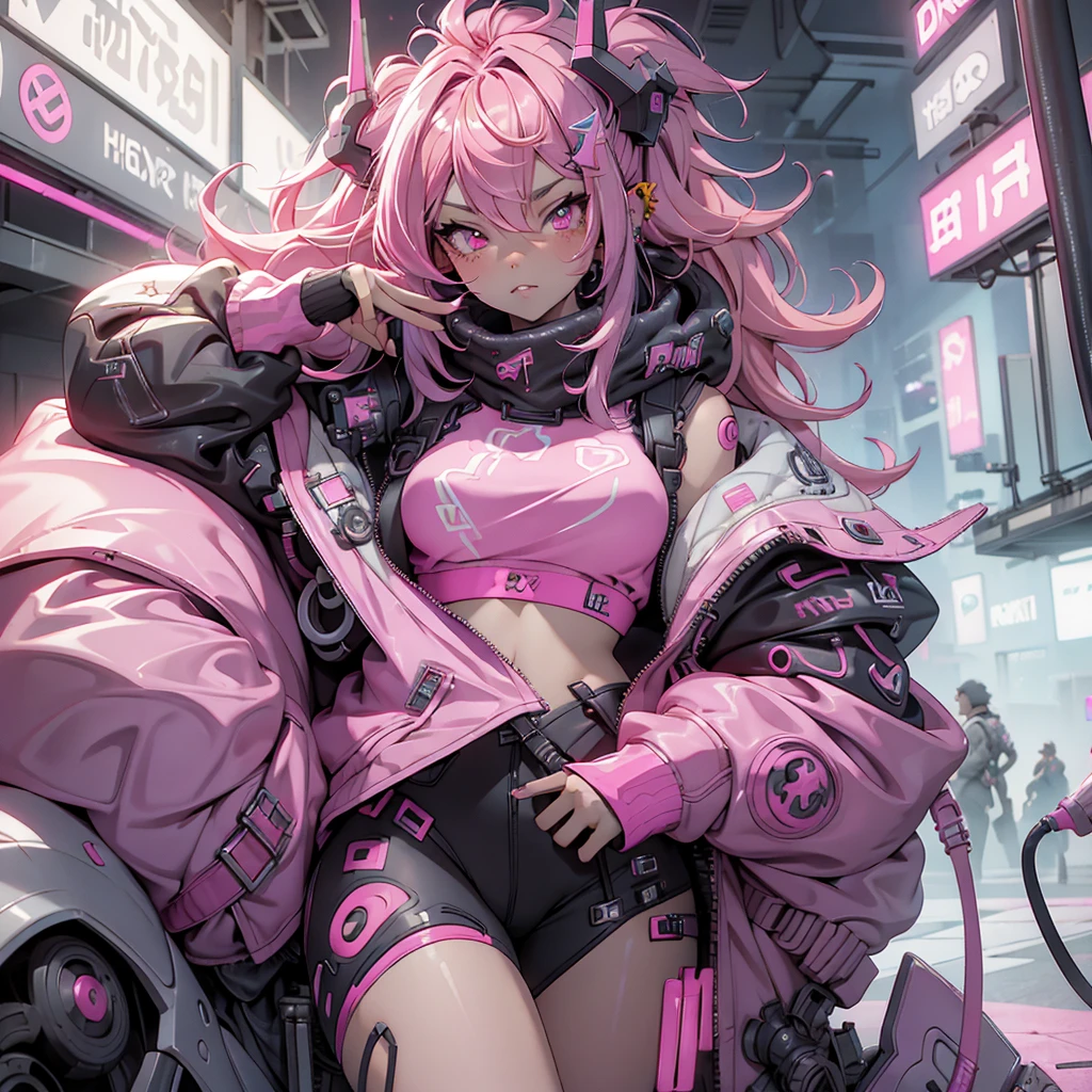 Cyberpunkgirl,pinkhair,cyberpunkcity,nightcity,background,1girl,blackandpinkjacket,higresolution,masterpiece,bestquality,hd,highdetails,nightview,8k,32k,fullbody