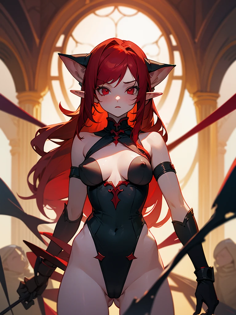 masterpiece, top quality, Best quality, 1 girl, One, I look at the viewer, Red hair, Red eyes, elf ears, bare nipples, bare crotch