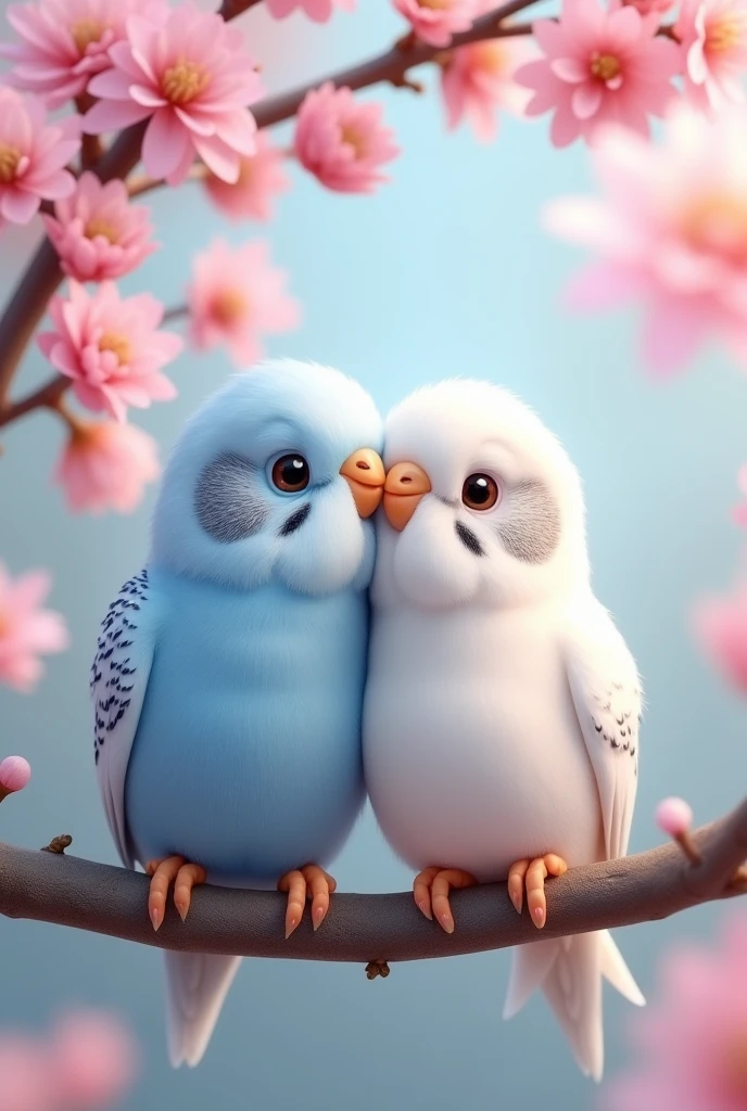 Draw a cute baby budgerigar in light blue with light blue feathers.、I'm sitting on the branch of a cherry tree!
Next to that child is a pure white child.!