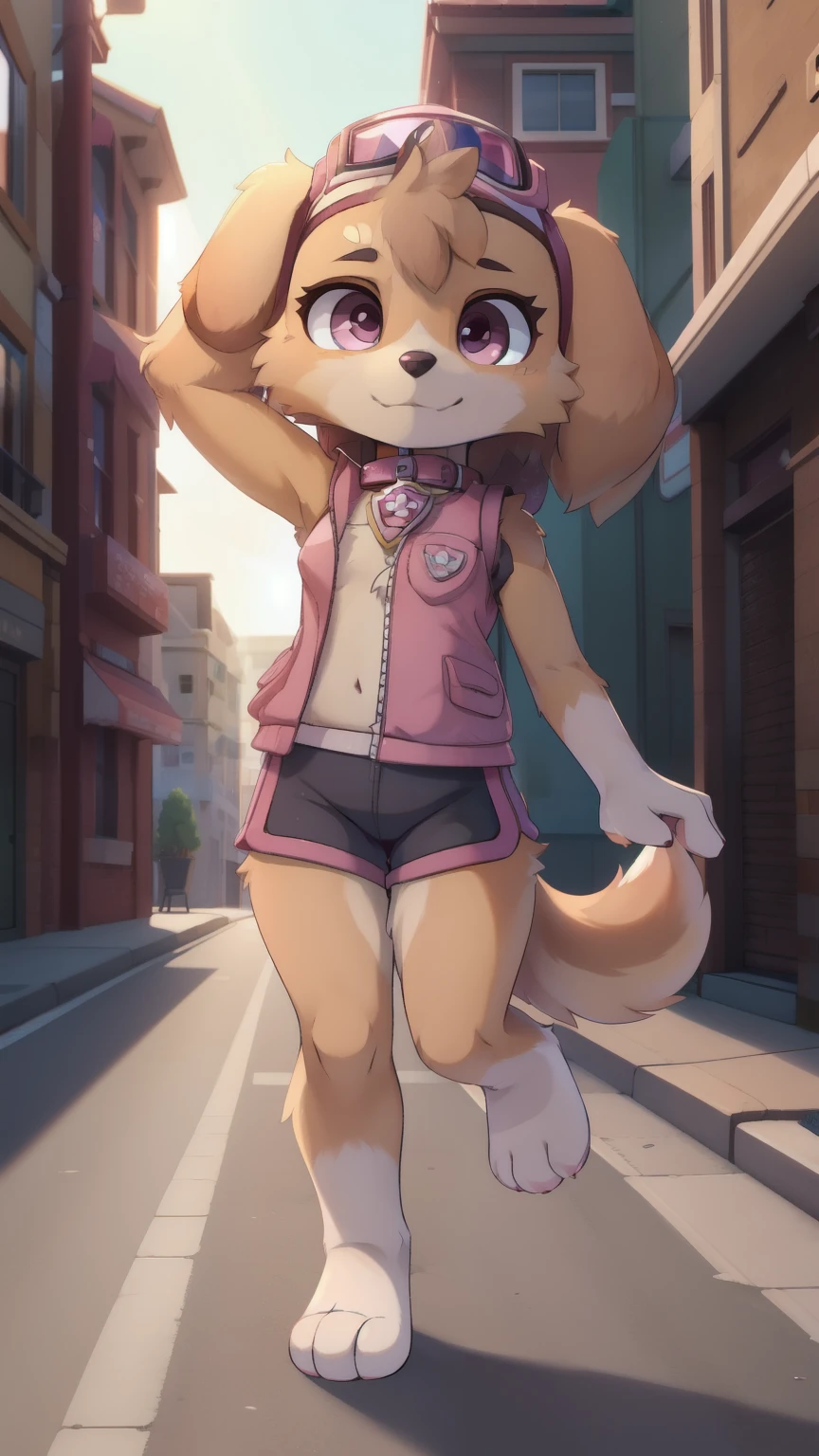  Skye, dog, furry girl, magenta eyes, brown hair, spiky hair, two tone body fur, brown body fur, clear brown body fur, grat hair, detailed body fur, detailed body, detailed face, detailed eyes, glistering body, shiny body, skinny, (best quality), cinematic lighting, looking at viewer, anime style, full body, feets with three toes, street, clear sky, 1girl, :3, tiny body, short body, (anthro:1.4), skyepawpatrol, skye \(paw patrol\), dog ears, floppy ears, hat, goggles, (vest:1.2), collar, clothed animal, ((solo)), standing, 