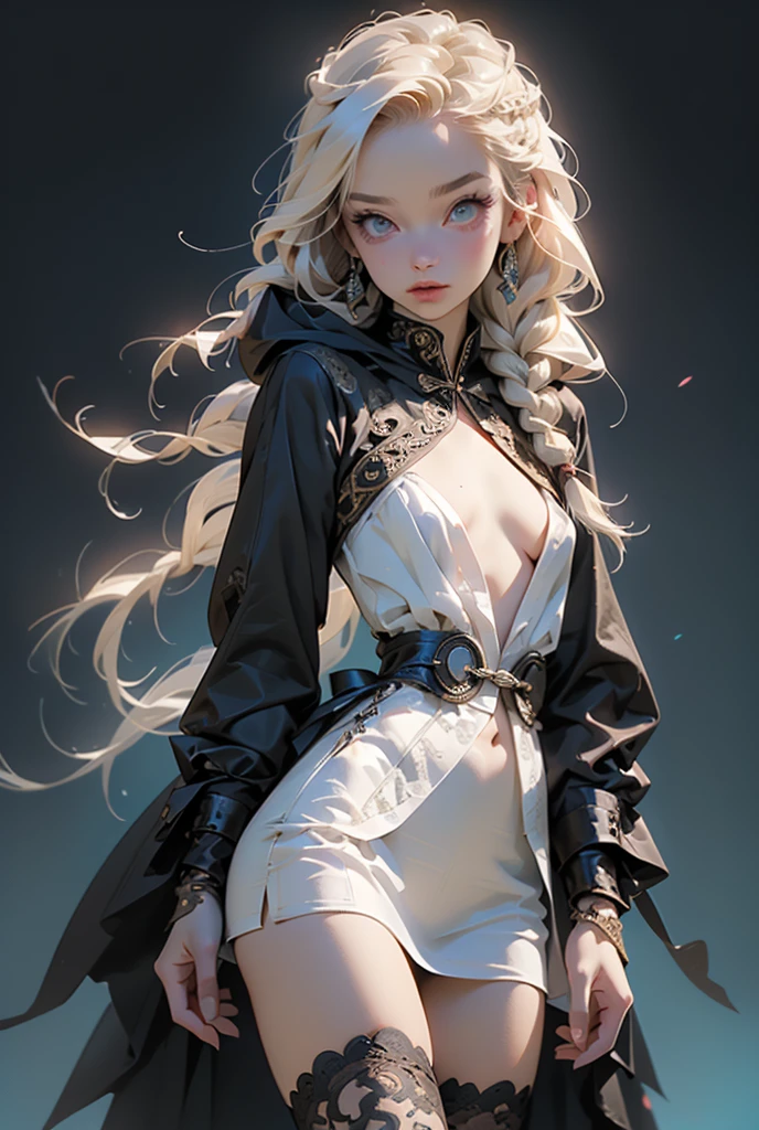 (((masterpiece, of the highest quality, super detailed))), 1girl, (big forhead:1.2),extremely detailed cute anime face, (((flat chest))), (flat chest:1.1),((((long twin braids,tight braids,long braid,braided hair,long hair)))), long hair, red hair, white hair, blonde hair, dark hair, ponytail, thick ponytail, heavy ponytail, (a female knight of an occult order), (an occult saint), (combat pose), (ready for combat), (resolved expression), (resolute expression), (((a beautifully intricate ornate floating ritual sword))), Edwardian/Victorian era inspired, ((minimal but intricate beautiful armour)), ((Fluttering lace flared dress with frilly petticoats)), ((((Highly detailed face))), (((Very sharp focused eyes))), very long eyelashes, ((small breasts)), (((flat chest:1.1))), occult aesthetic, (red and white clothing detailed and intricate steampunk and detailed gothic), (with a hood), complex lace boots, (full body),