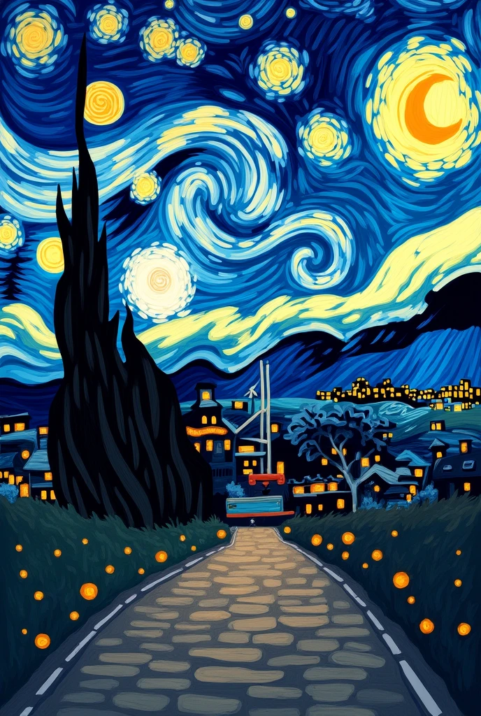 Reinterpretation of Van Gogh's Starry Night, as if it were an anime from studio gibbli