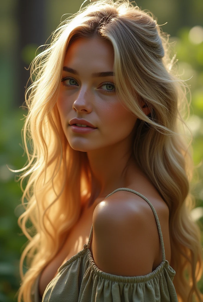 Beautiful girl nude with wavy long blonde hair