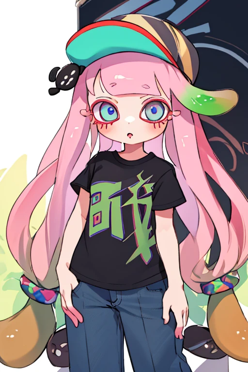 ultra-detailed,
master piece,best quality,high resolution,
beautiful eyes,detailed eyes,detailed face,
beautiful detailed eyes,symmetrical clear eyes,
1girl,girl,inkling hair,black t-shirt,hat,wide hips,