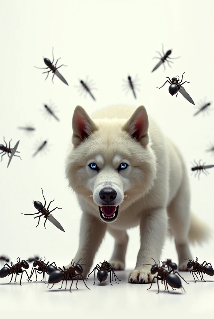 Ants with knives attacking a white husky
