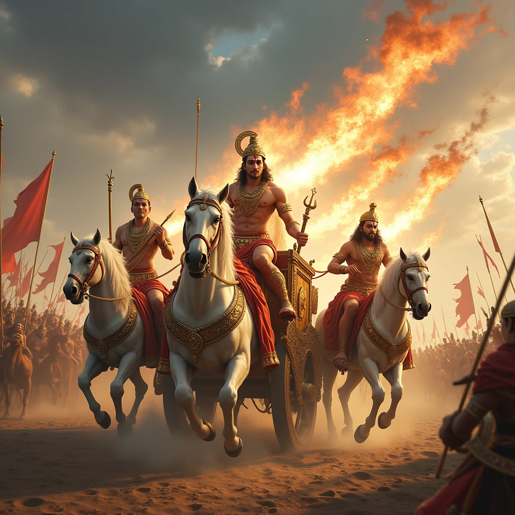 Create a dramatic battlefield scene showcasing three pivotal figures blowing their conch shells. Position Krishna, known as Hrishikesha, in an exquisitely decorated chariot drawn by four white horses. He should be shown blowing the Panchajanya conch, which emits a radiant, divine light, symbolizing celestial power and authority. Beside him, Arjuna (Dhananjaya) is in his own ornate chariot, blowing the Devadatta conch with a bold, energetic aura, reflecting his readiness and valor. On the other side of the scene, Bhima (Vrikodara) is depicted with a strong presence in his chariot, blowing the Paundra conch with a fierce and powerful expression, illustrating his immense strength and heroic nature.

Each conch shell should have a distinct, vibrant appearance, with waves of light or sound visually emanating from them to emphasize their significance. The background should include a panoramic view of the battlefield, with detailed elements like ancient chariots, ornate banners, and warriors in traditional armor preparing for battle. The scene should capture the grandeur and intensity of the moment, with a focus on the symbolic and powerful sounds of the conch shells marking the beginning of the great war.