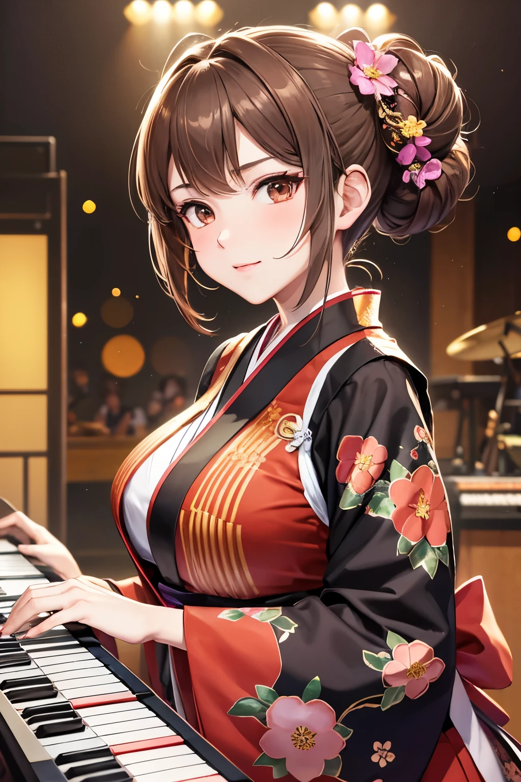 Top quality, ample limbs, perfect fingers, slender beauty, twin-tailed bun hairstyle, brown hair, Deresute, A costume of Floral haori and minihakama with a flashy pattern,Band instrumentskeyboard, beautiful large breasts, live stage, Playing Band InstrumentsKeyboard