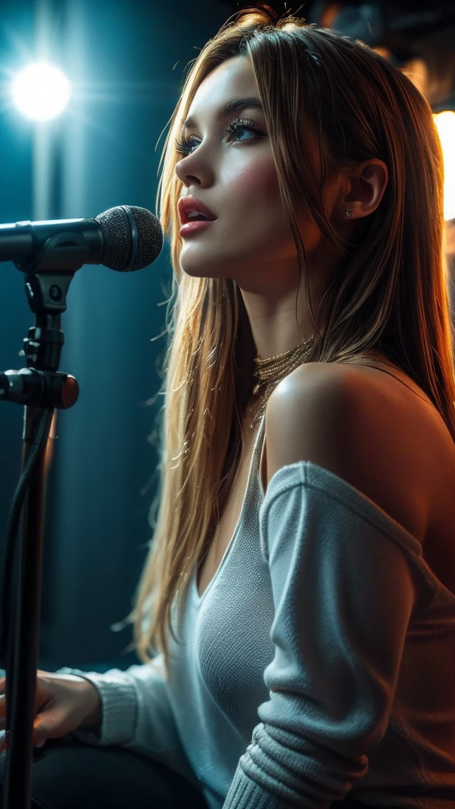 Create high quality, detailed image of a young woman with long hair, loose brown hair, sitting in a professional recording studio. the female singer is singing by the microphone, vocalist holding a microphone in her right hand, looks a little to the side and sings into the microphone. She is beautifully and naturally dressed in jeans and a T-shirt. In the background are acoustic panels and studio equipment., which emphasizes the recording studio environment. Lighting should be soft, creating gentle shadows, that highlight her features and create a professional and sophisticated look. (best quality, 16K, highres, masterpiece:1.2), (ultra-detailed, photorealistic:1.37), HDR, uhd, studio lighting, ultra-fine painting, sharp focus, physically-based rendering, extreme detail description, professional, vivid colors
