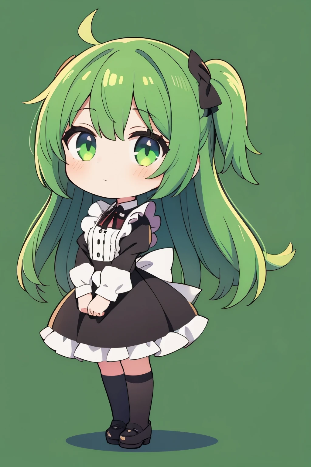 1girl, greenhair, Gothic Maid, chibi, full body, green back ground