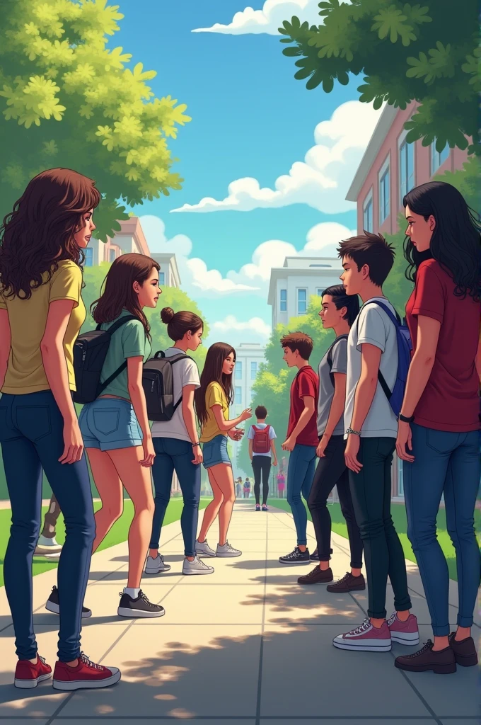 
Title: the campus clash
Theme: student fighting 
Main : 4 girls and 4boys