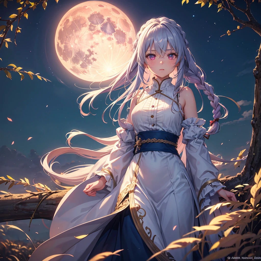 (Sky blue braided medium length hair), (Pink eyes),(Fair skin) ,(whole body),(One Girl),(harvest moon),(A large amount of Miscanthus sinensis in the background),autumn,(full moon),(masterpiece, Highest quality, Very detailed, Best Shadow), (Detailed Background), (Beautifully detailed face), High Contrast, (Best lighting, Very delicate and beautiful), ((Cinematic Light)), Hyper Detail,8k, Dramatic Light, Intricate details