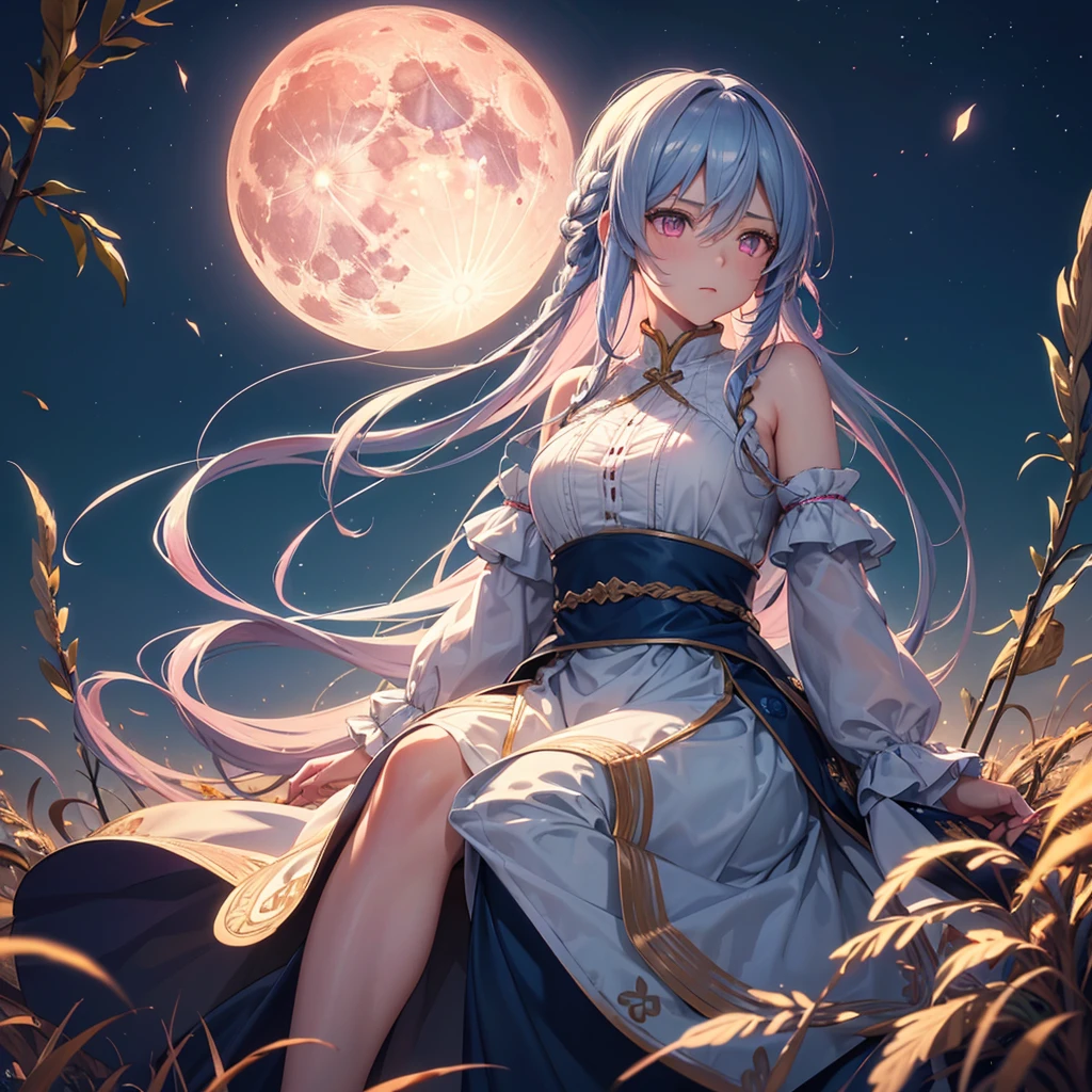 (Sky blue braided medium length hair), (Pink eyes),(Fair skin)  ,(whole body),(One Girl),(harvest moon),(A large amount of Miscanthus sinensis in the background),autumn,(full moon),(masterpiece, Highest quality, Very detailed, Best Shadow), (Detailed Background), (Beautifully detailed face), High Contrast, (Best lighting, Very delicate and beautiful), ((Cinematic Light)), Hyper Detail,8k, Dramatic Light, Intricate details