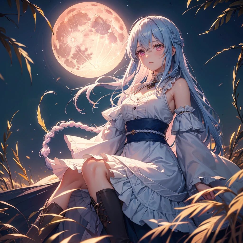 (Sky blue braided medium length hair), (Pink eyes),(Fair skin)  ,(whole body),(One Girl),(harvest moon),(A large amount of Miscanthus sinensis in the background),autumn,(full moon),(masterpiece, Highest quality, Very detailed, Best Shadow), (Detailed Background), (Beautifully detailed face), High Contrast, (Best lighting, Very delicate and beautiful), ((Cinematic Light)), Hyper Detail,8k, Dramatic Light, Intricate details