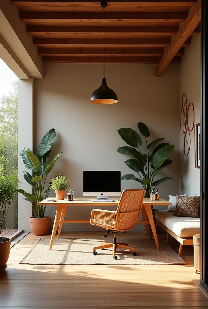 Office room design 
Wooden floor  , wood and rattan patio 
Furniture 
Big PC on table and office chair 