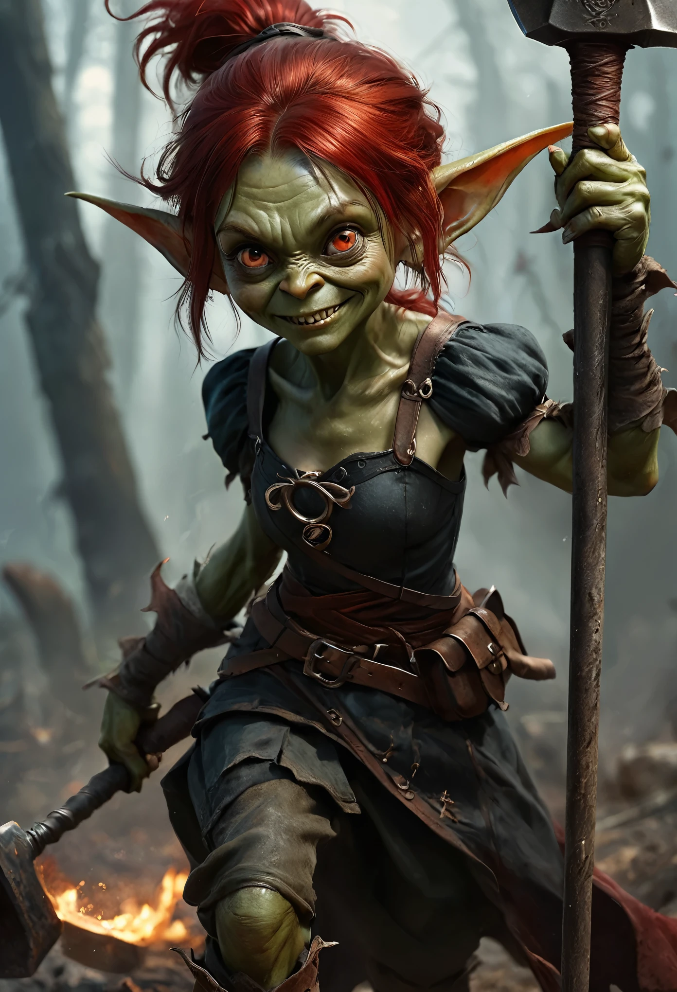 Realistic anime character, cute goblin female, redhead, red eyes, full body portrait, holding a big hammer, little smile, in battle, dynamic composition, intricate gloomy background, dark fantasy style, dark arts, depth of field, blood of the enemies 