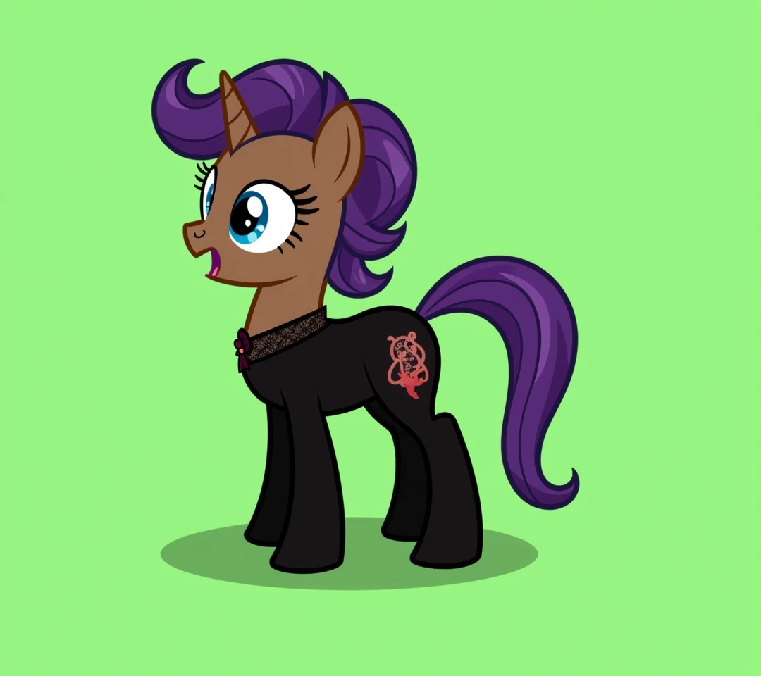 (My little pony), adult content, detailed face, black panties, purple hair, dark brown body, dark blue eyes, eyelids, eyeshadow, bow, (big breasts), seductive face, (high detailed), (thong), lace camisole top, striped stockings, (cleavage line), text "Bella", erotic, sexy view, sexy pony, big butt, showing butt, cameltoe