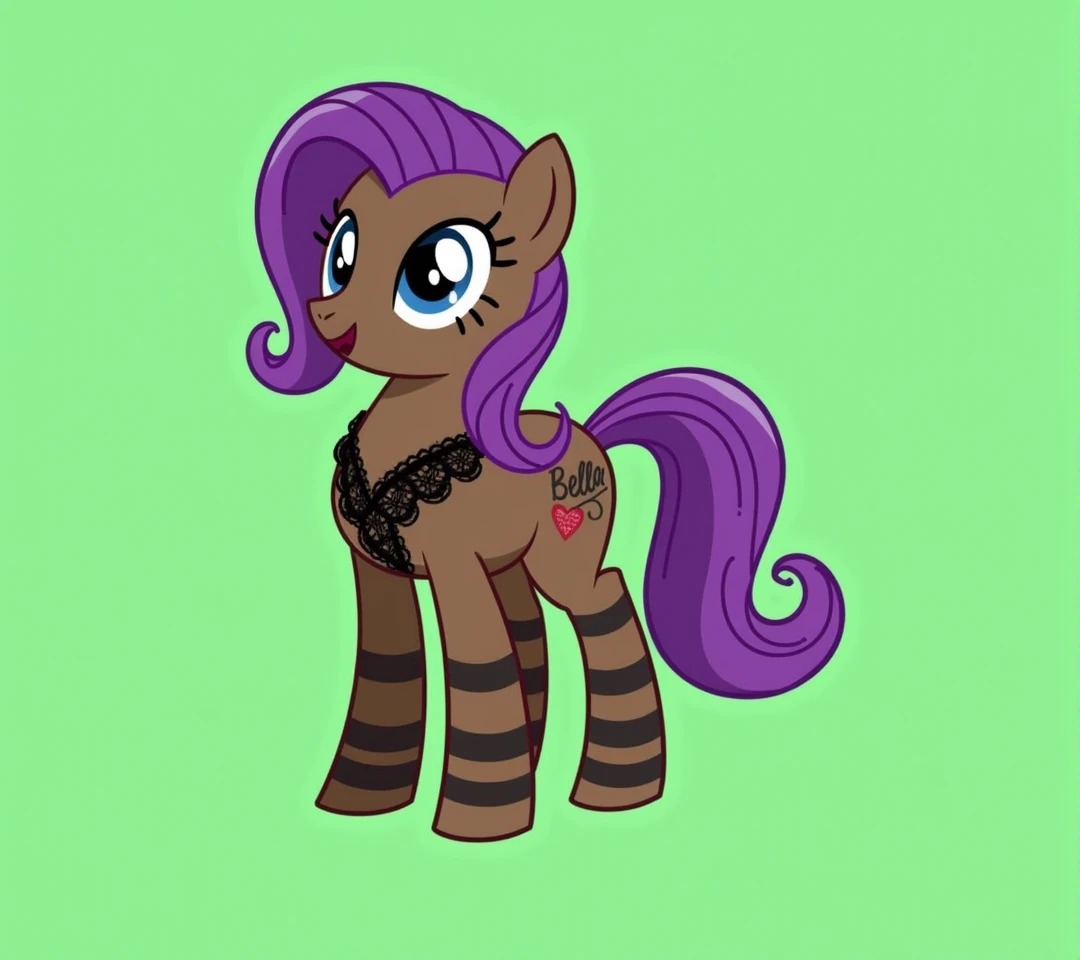 (My little pony), adult content, detailed face, black panties, purple hair, dark brown body, dark blue eyes, eyelids, eyeshadow, bow, (big breasts), seductive face, (high detailed), (thong), lace camisole top, striped stockings, (cleavage line), text "Bella", erotic, sexy view, sexy pony, big butt, showing butt, cameltoe