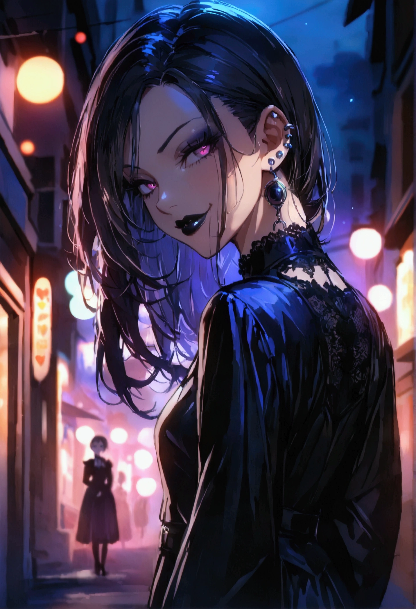 anime women, goth girl, dark hair, standing in a street at night, cinematic lighting (best quality:1.2),ultradetailed,vivid colors,bokeh, seductive looking face with smirk on mouth, piercing, looking back from a shoulder at the camera, black lips gloss