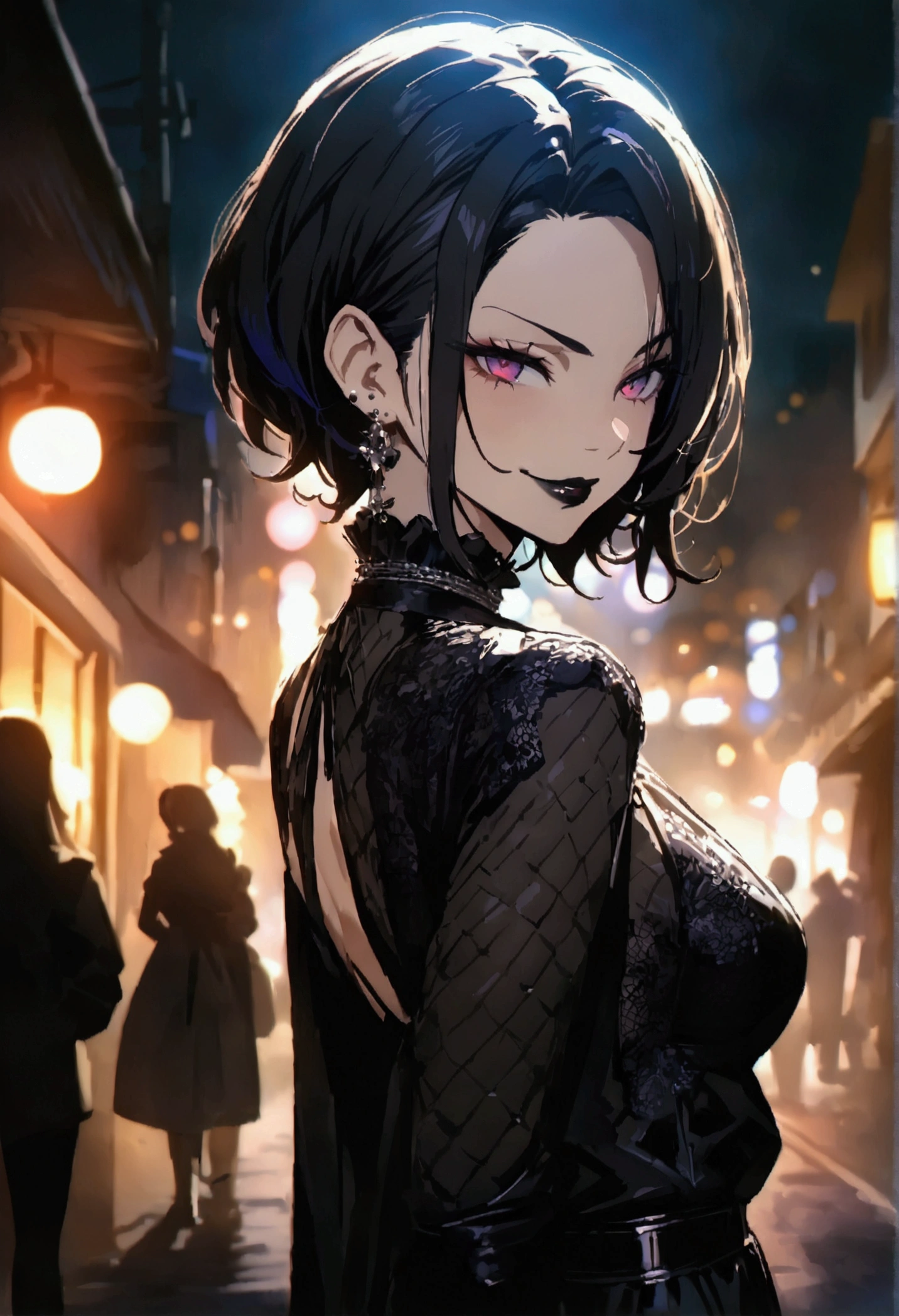 anime women, goth girl, dark hair, standing in a street at night, cinematic lighting (best quality:1.2),ultradetailed,vivid colors,bokeh, seductive looking face with smirk on mouth, piercing, looking back from a shoulder at the camera, black lips gloss
