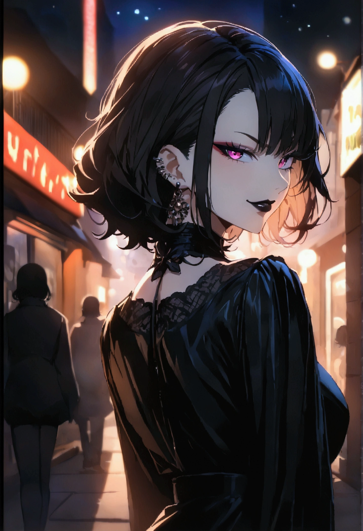 anime women, goth girl, dark hair, standing in a street at night, cinematic lighting (best quality:1.2),ultradetailed,vivid colors,bokeh, seductive looking face with smirk on mouth, piercing, looking back from a shoulder at the camera, black lips gloss

